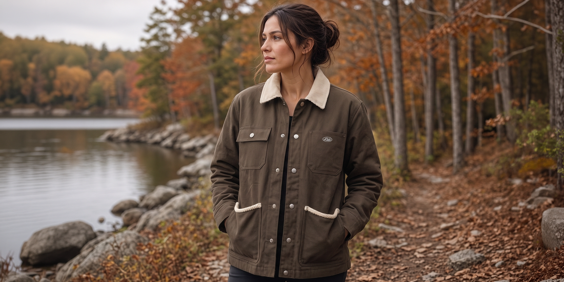 TEAMLTD Heritage Chore Jacket in Chestnut with contrast corduroy collar, worn lakeside in fall