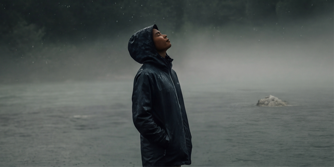 Person wearing a black TEAMLTD Essential Rain Shell by a misty lake in the rain