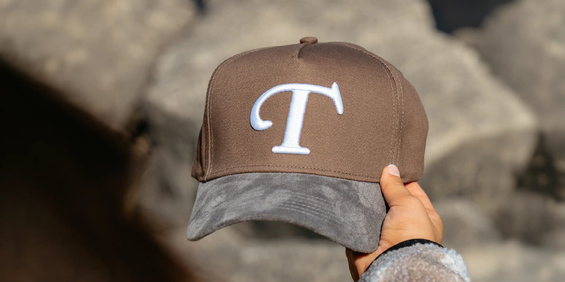 TEAMLTD Monogram Snapback in Brown, cotton twill crown with suede brim and raised 3D monogram embroidery